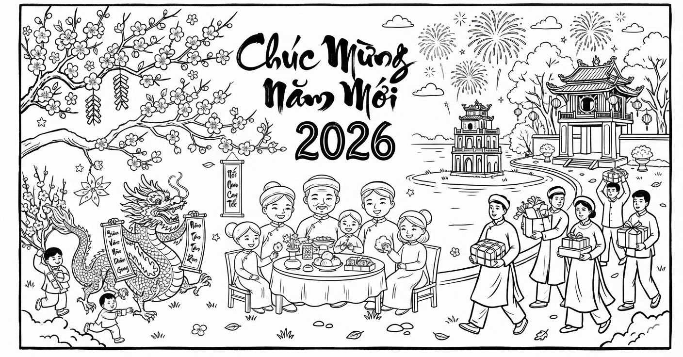 Tranh tô màu chủ đề Tết Bính Ngọ và mùa xuân 2026 – PDF cho bé - Chúc mừng năm mới 2026