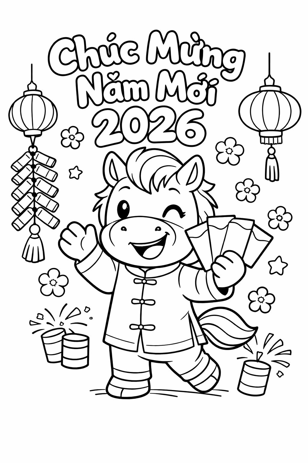 Tranh tô màu chủ đề Tết Bính Ngọ và mùa xuân 2026 – PDF cho bé