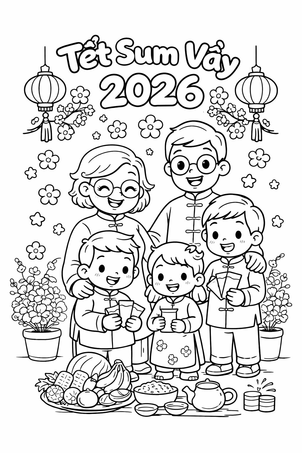 Tranh tô màu chủ đề Tết Bính Ngọ và mùa xuân 2026 – PDF cho bé - Tết gia đình yêu thương 2026