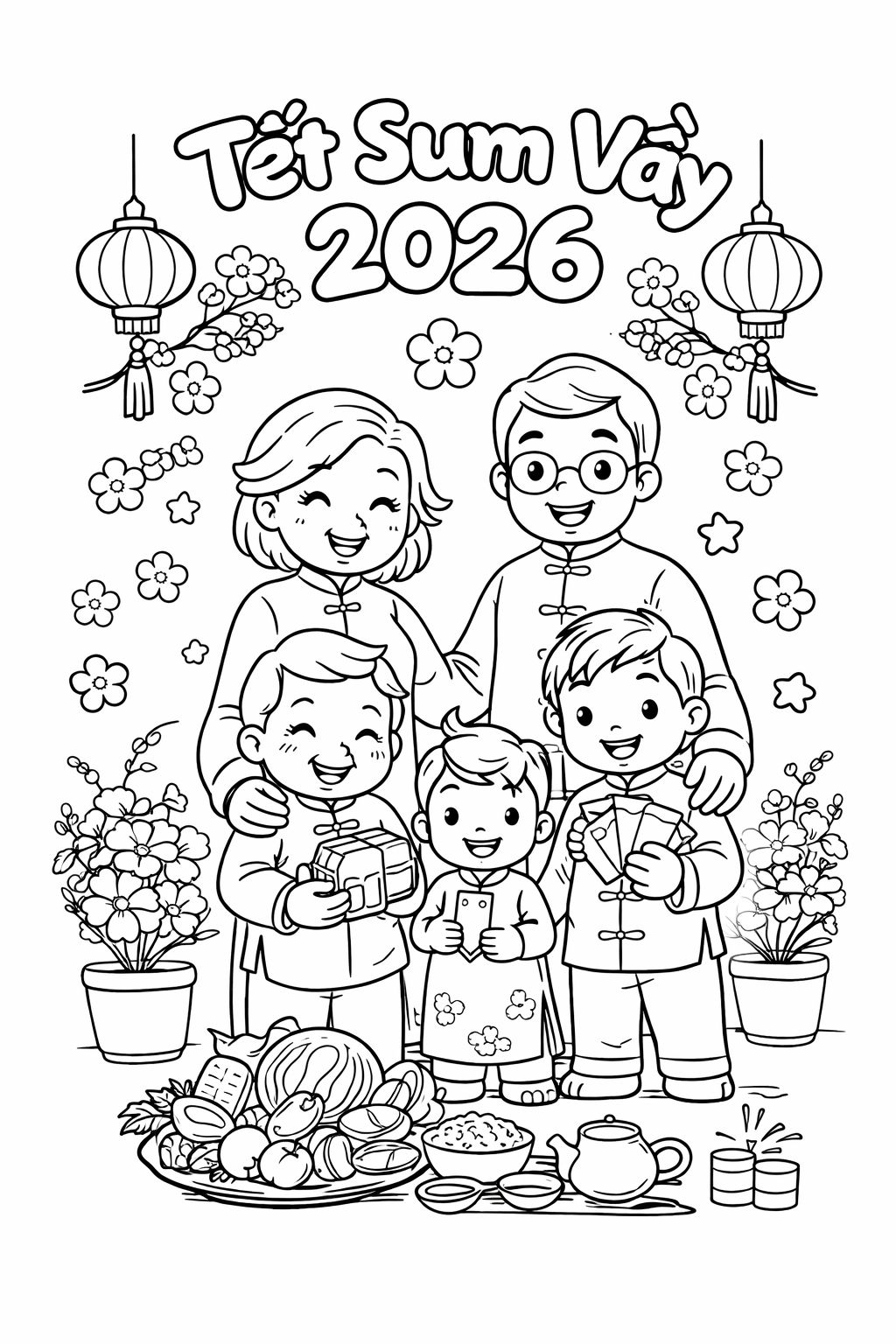 Tranh tô màu chủ đề Tết Bính Ngọ và mùa xuân 2026 – PDF cho bé - Tết sum vầy 2026