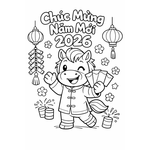 Tranh tô màu chủ đề Tết Bính Ngọ và mùa xuân 2026 – PDF cho bé