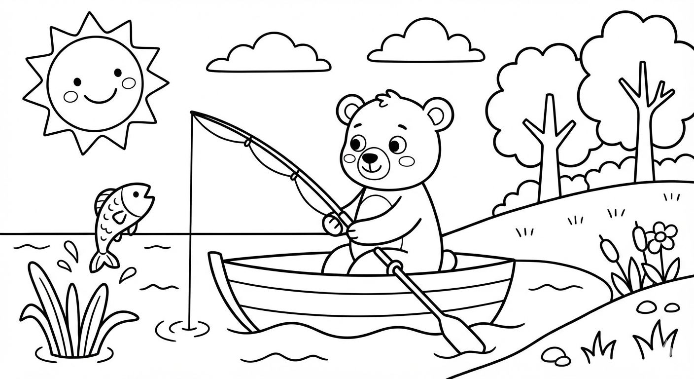 File 24+ Tranh tô màu cho bé 4 5 tuổi sinh động, đơn giản, dễ tô (có file PDF) - Tranh vẽ chú gấu câu cá cho bé 4 5 tuổi tô