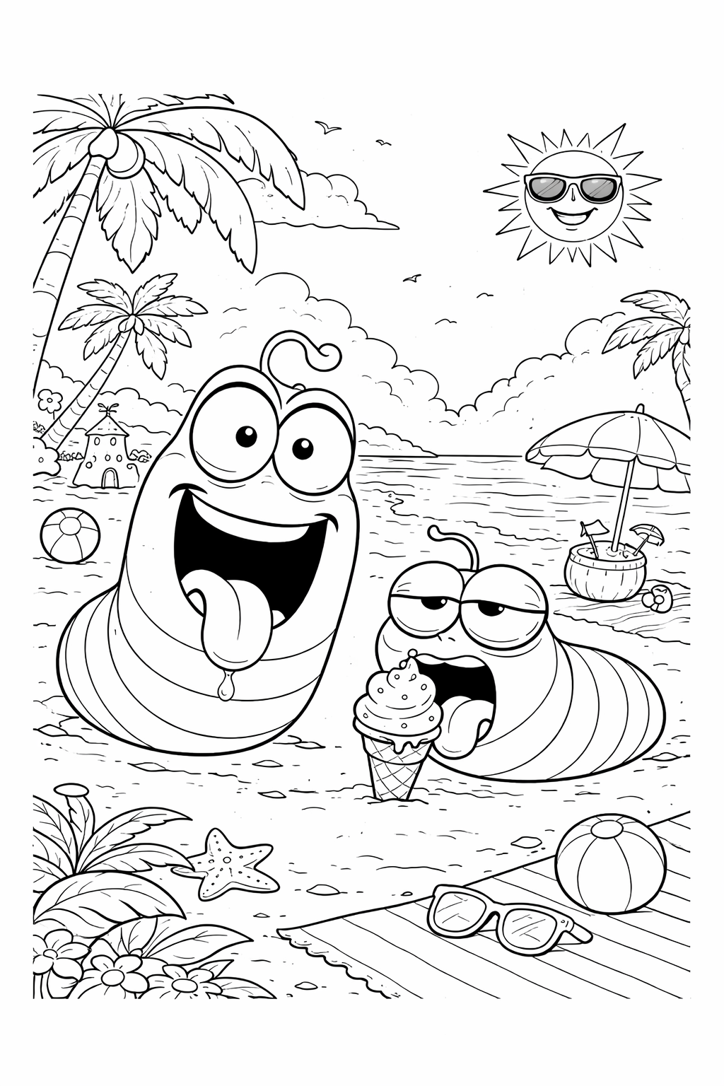 Tranh tô màu sâu Larva cho bé 2026 dễ thương, tải miễn phí - Larva trên bãi biển