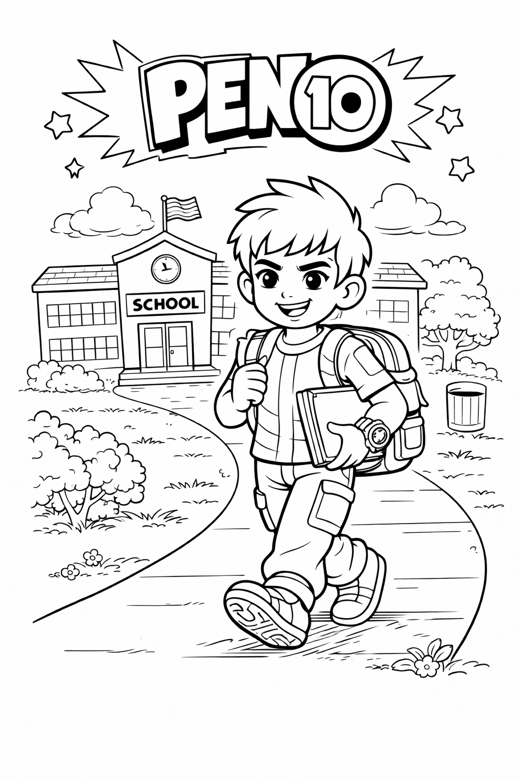 Tranh tô màu Pen 10 cho bé 2026 – Hình tô màu PDF đẹp - Pen 10 đi học
