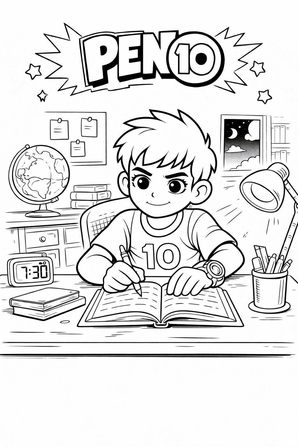 Tranh tô màu Pen 10 cho bé 2026 – Hình tô màu PDF đẹp - Pen 10 học bài