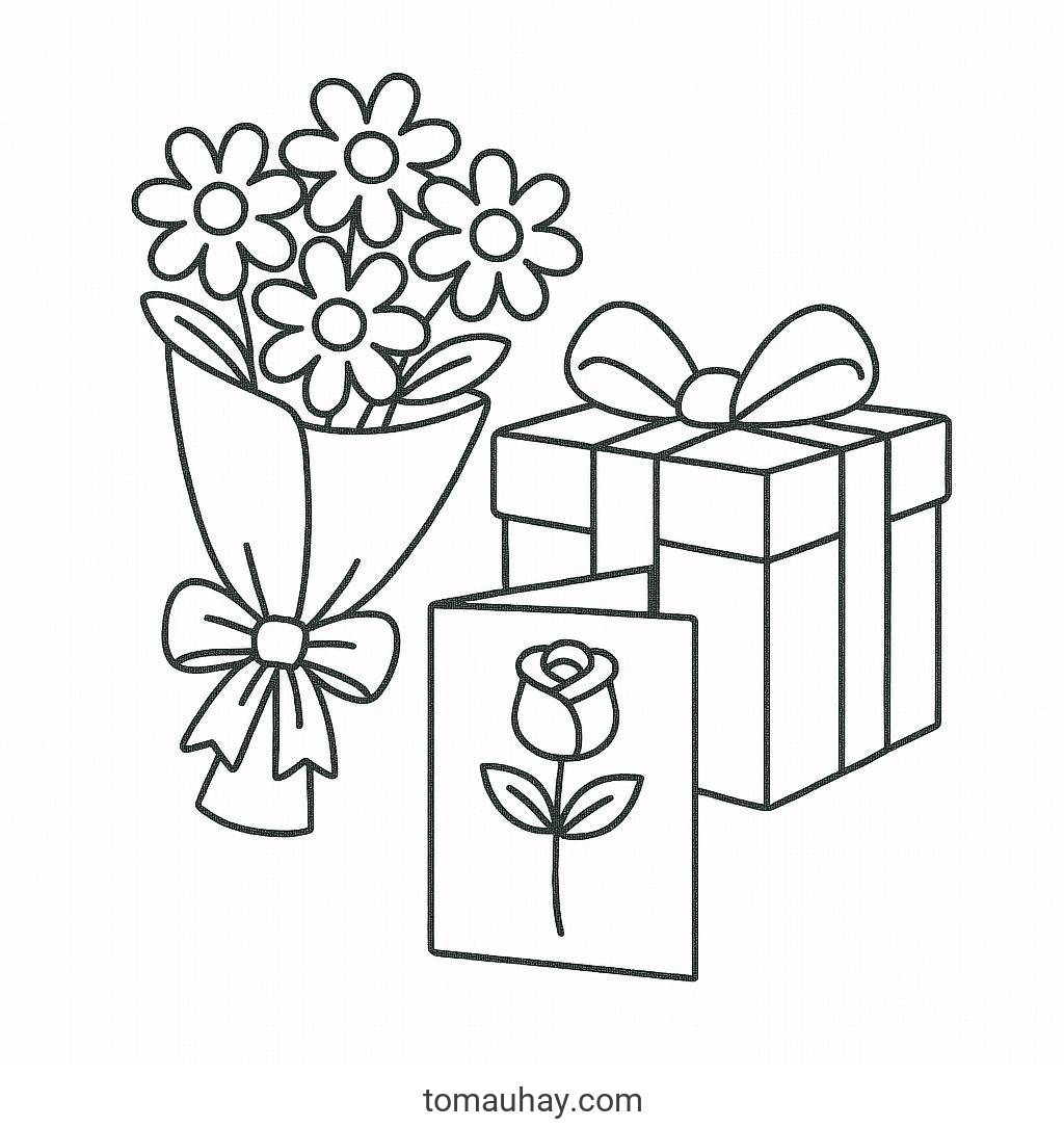 Tranh tô màu 20 11 cho bé - Hình tô màu thiệp PDF đẹp - Tranh 20/11 hoa và quà