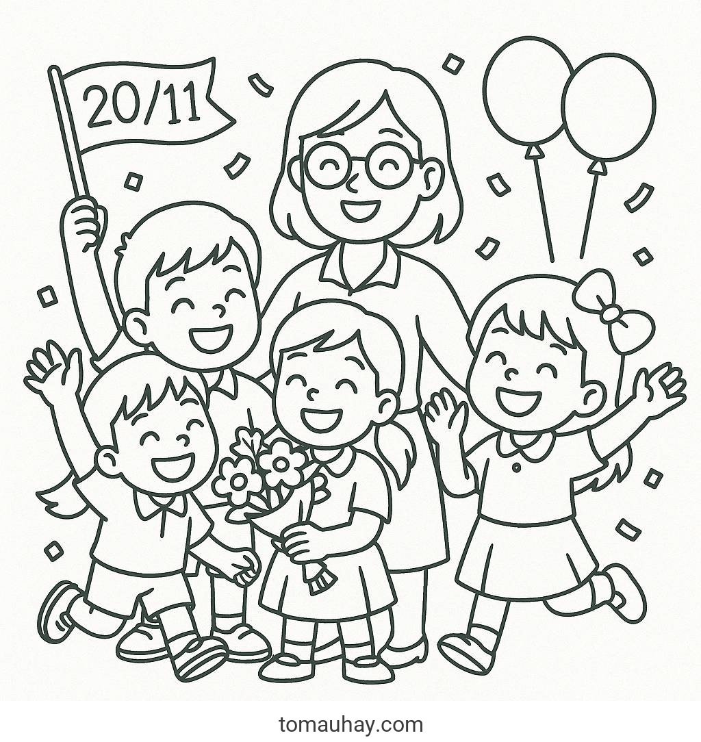 Tranh tô màu 20 11 cho bé - Hình tô màu thiệp PDF đẹp - Tranh 20/11 vui nhộn