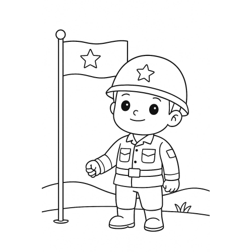 Tranh tô màu chú bộ đội đứng gác cho bé – Hình tô màu PDF