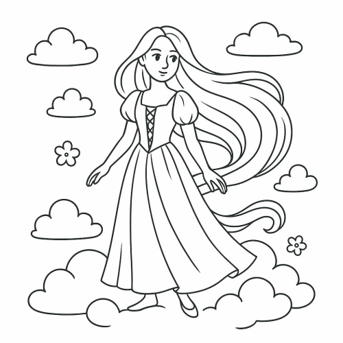 Tô màu công chúa tóc mây 2025 - Tranh công chúa cho bé PDF