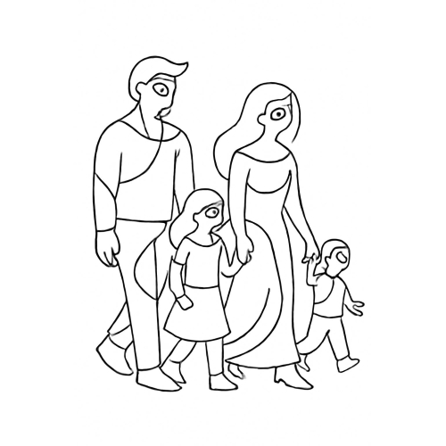 Tranh tô màu gia đình 4 người cho bé – Hình ảnh tô màu PDF