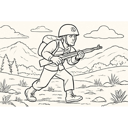 Tranh tô màu chú bộ đội hành quân cho bé dễ tải PDF